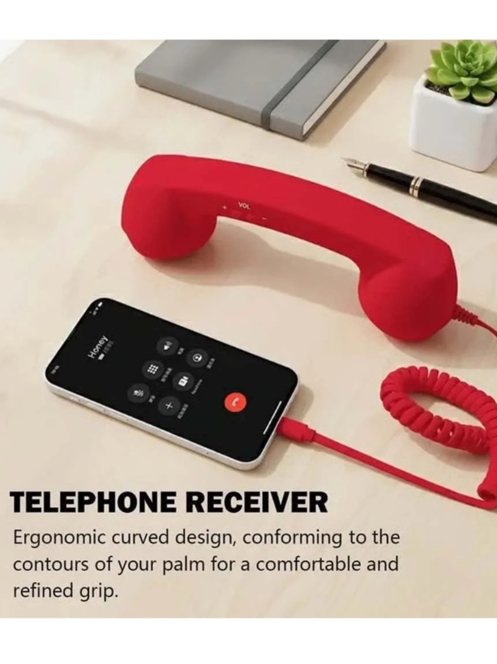 Retro Silicone Handset Phone Receiver for Smartphones - Red - 3.5 mm audio jack - Picture 2 of 10